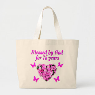 BLESSED 75TH BIRTHDAY FLORAL DESIGN LARGE TOTE BAG