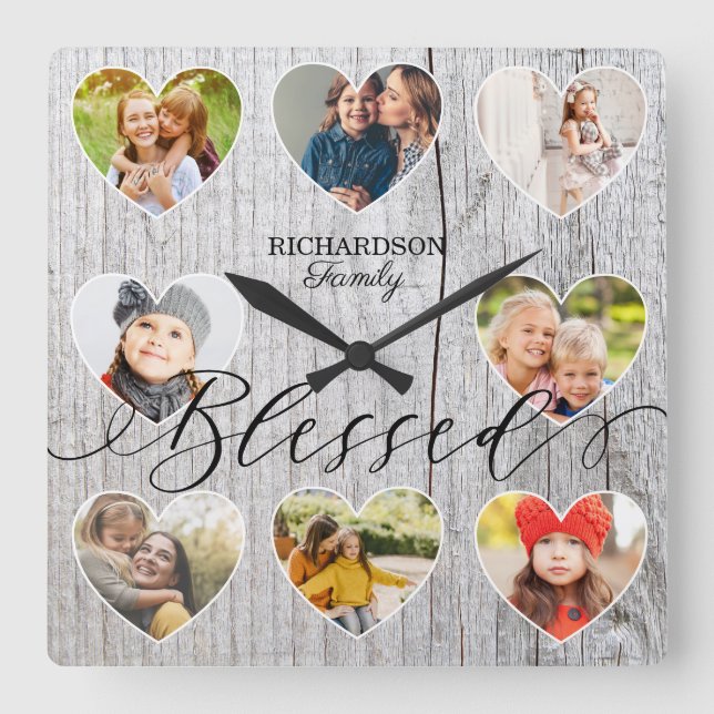 Blessed 8 Photo Collage Heart Frame Grey Wood Square Wall Clock (Front)