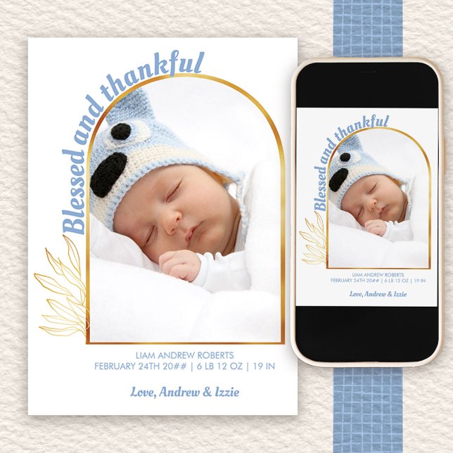 Blessed and Thankful Gold Arch Photo Blue Birth Announcement (Arch Photo birth announcement to order printed or as a printable digital download)