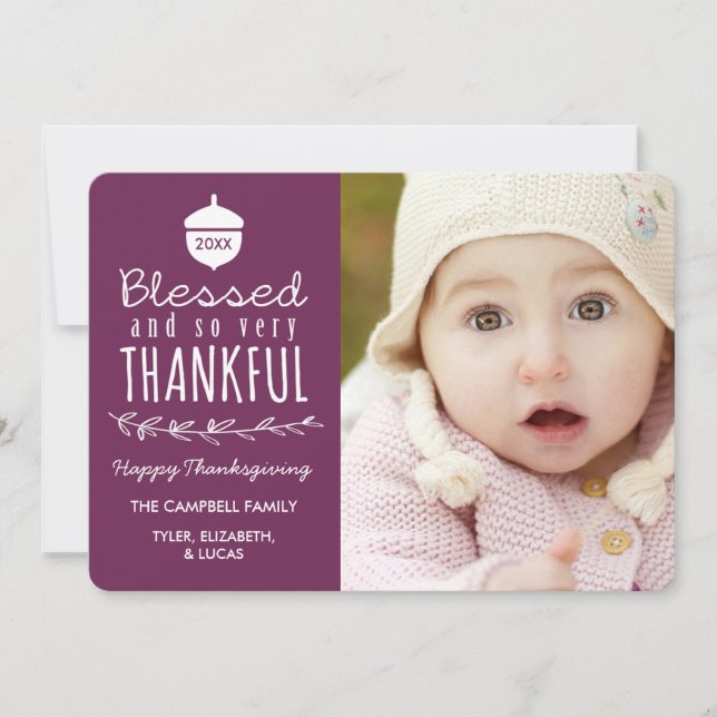 Blessed and Thankful Thanksgiving Photo Plum Holiday Card (Front)