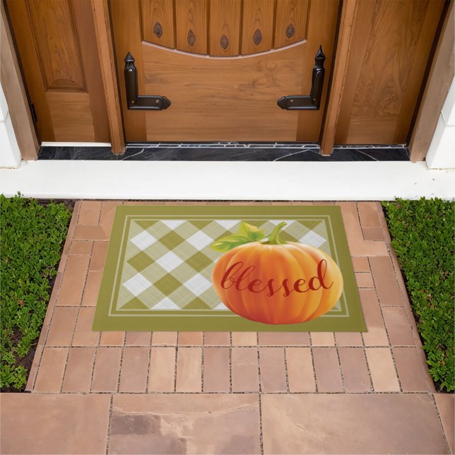 Blessed Autumn Harvest Pumpkin On Gingham Welcome Doormat (Outdoor)