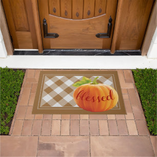 Blessed Autumn Harvest Pumpkin On Gingham Welcome Doormat