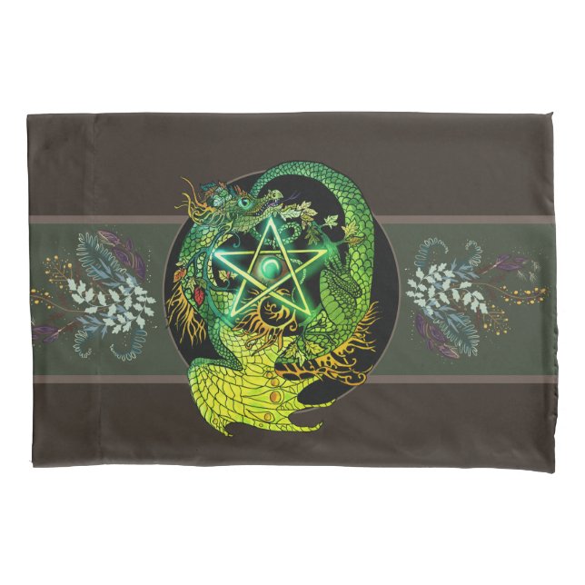 Blessed Be Art Nouveau Pentacle Dragon Pillowcase (Front)