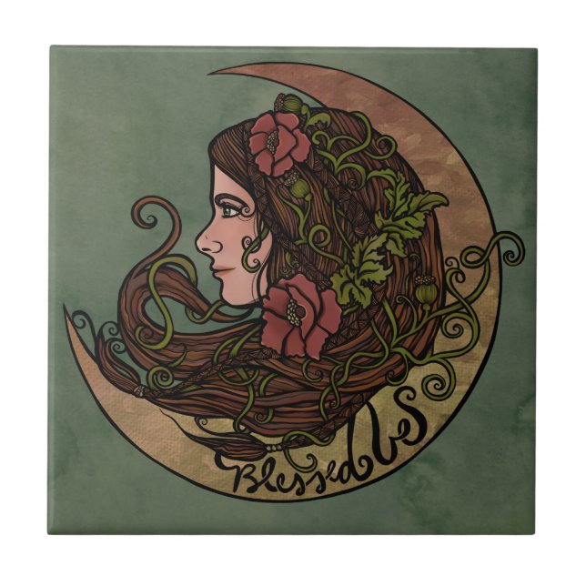 Blessed Be Moon Goddess Pagan Art Tile (Front)