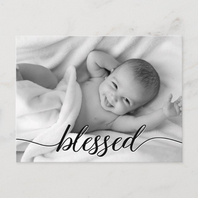 Blessed Black White Baby Photo Birth Announcement (Front)