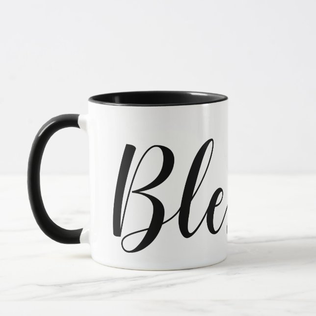 Blessed Black White Modern Script Christian Mug (Left)
