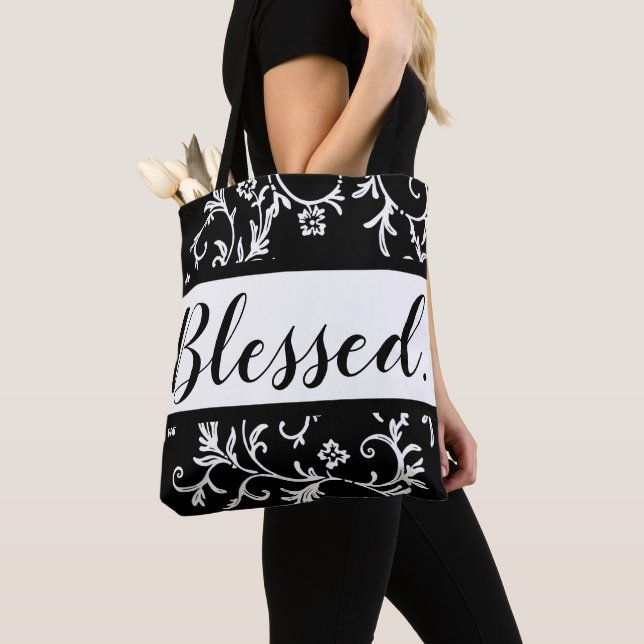 Blessed Black White Modern Script Damask Christian Tote Bag (Close Up)