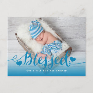 Blessed   Blue Baby Boy Photo Birth Announcement Postcard