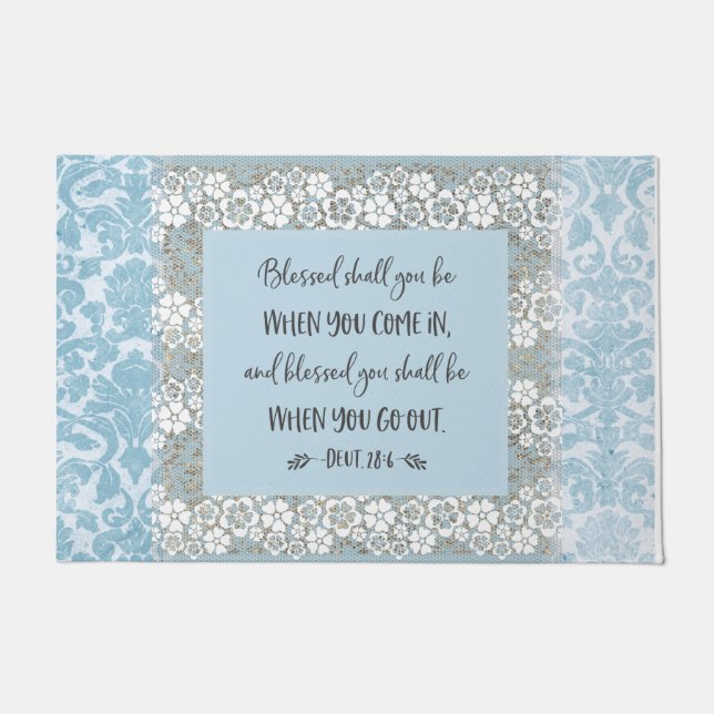 "Blessed"  Blue  Damask Lace Scripture Doormat (Front)