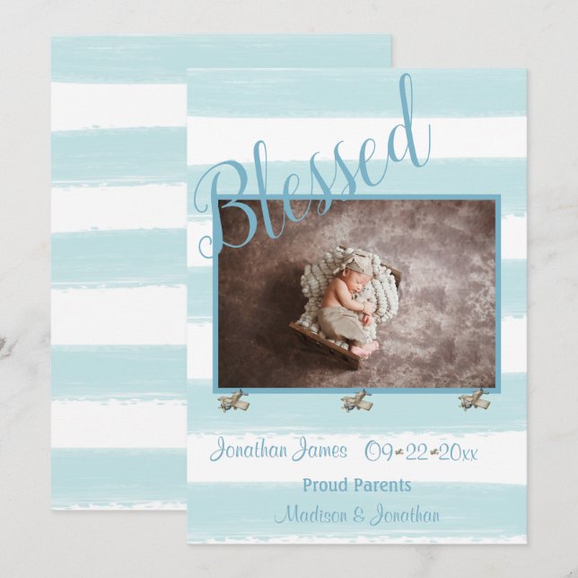 Blessed Blue Photo Script Personalise Boy Birth Announcement (Front/Back)