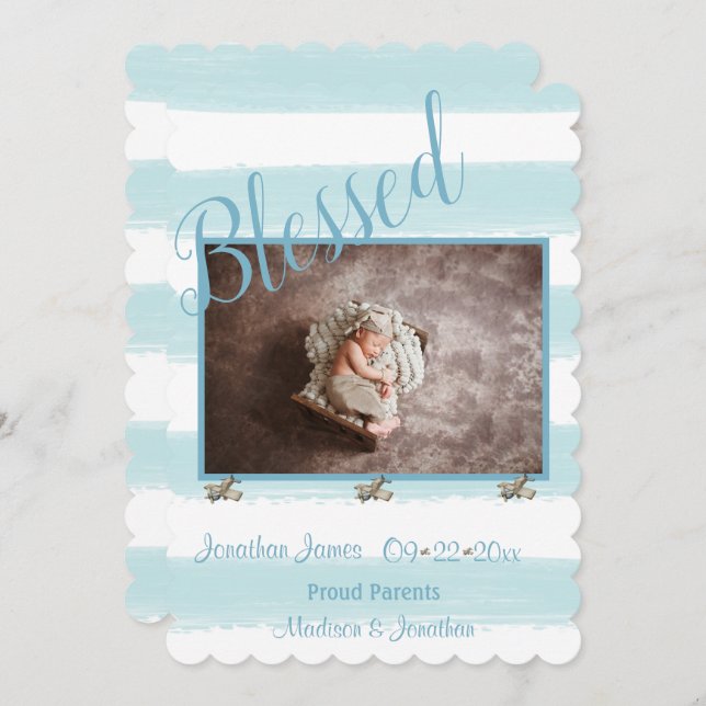 Blessed Blue Photo Script Personalise Boy Birth Announcement (Front/Back)