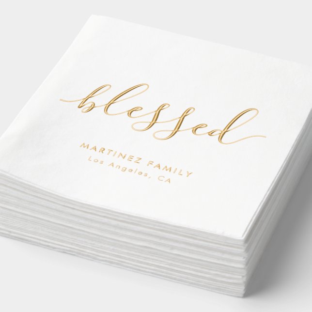 Blessed Boho Script Family Reunion Thanksgiving Foil Napkins (Detail)
