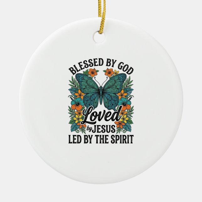 Blessed Butterfly Christian T-Shirt Design (2) Ceramic Tree Decoration (Front)