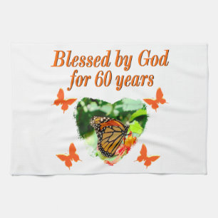 BLESSED BY GOD 60TH BIRTHDAY BUTTERFLY DESIGN TEA TOWEL