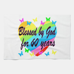 BLESSED BY GOD FOR 60 YEARS HEART DESIGN TEA TOWEL
