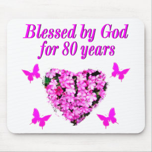 BLESSED BY GOD FOR 80 YEARS FLORAL DESIGN MOUSE PAD
