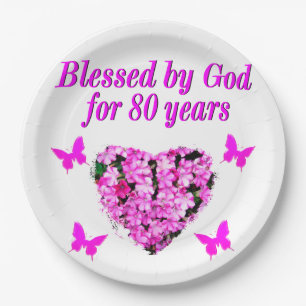 BLESSED BY GOD FOR 80 YEARS FLORAL DESIGN PAPER PLATE