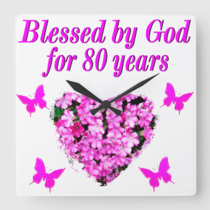 BLESSED BY GOD FOR 80 YEARS FLORAL DESIGN SQUARE WALL CLOCK