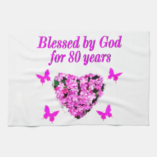 BLESSED BY GOD FOR 80 YEARS FLORAL DESIGN TEA TOWEL