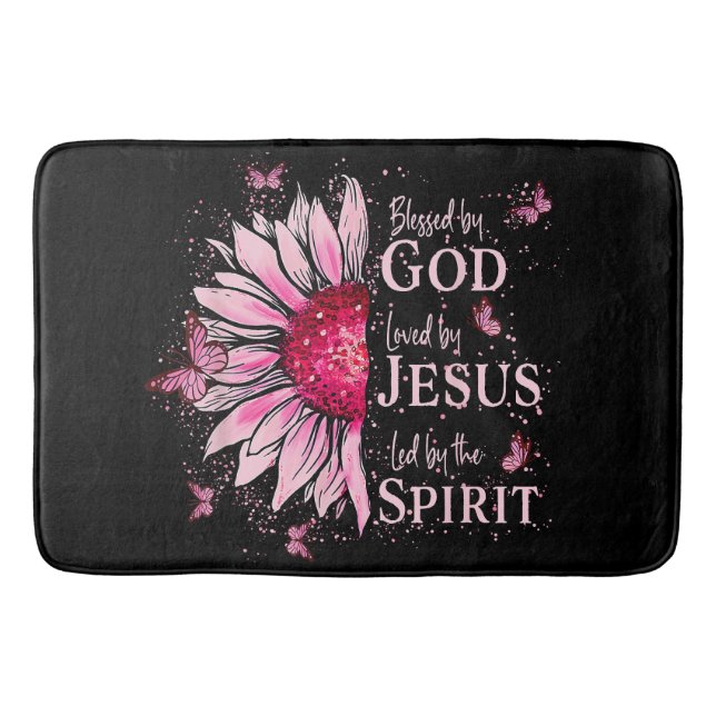 Blessed By God - Loved By Jesus Pink Sunflower Bath Mat (Front)