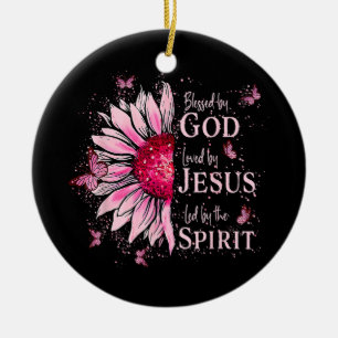 Blessed By God - Loved By Jesus Pink Sunflower Ceramic Tree Decoration