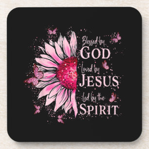 Blessed By God - Loved By Jesus Pink Sunflower Coaster