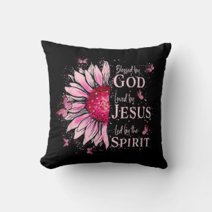 Blessed By God - Loved By Jesus Pink Sunflower Cushion