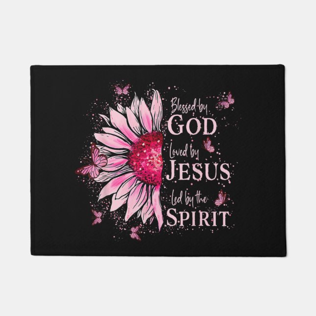 Blessed By God - Loved By Jesus Pink Sunflower Doormat (Front)