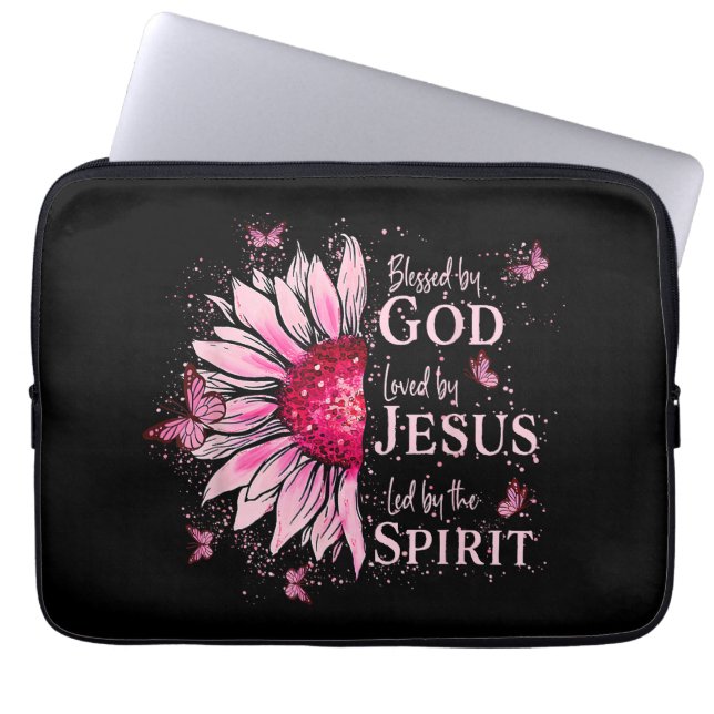 Blessed By God - Loved By Jesus Pink Sunflower Laptop Sleeve (Front)