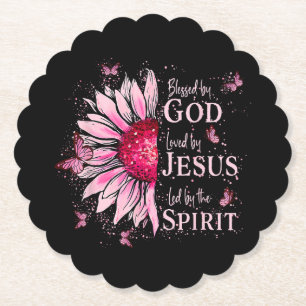 Blessed By God - Loved By Jesus Pink Sunflower Paper Coaster