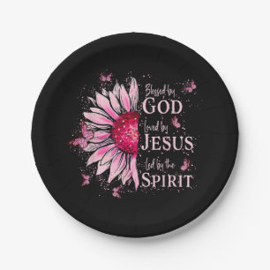 Blessed By God - Loved By Jesus Pink Sunflower Paper Plate