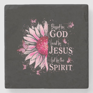 Blessed By God - Loved By Jesus Pink Sunflower Stone Coaster