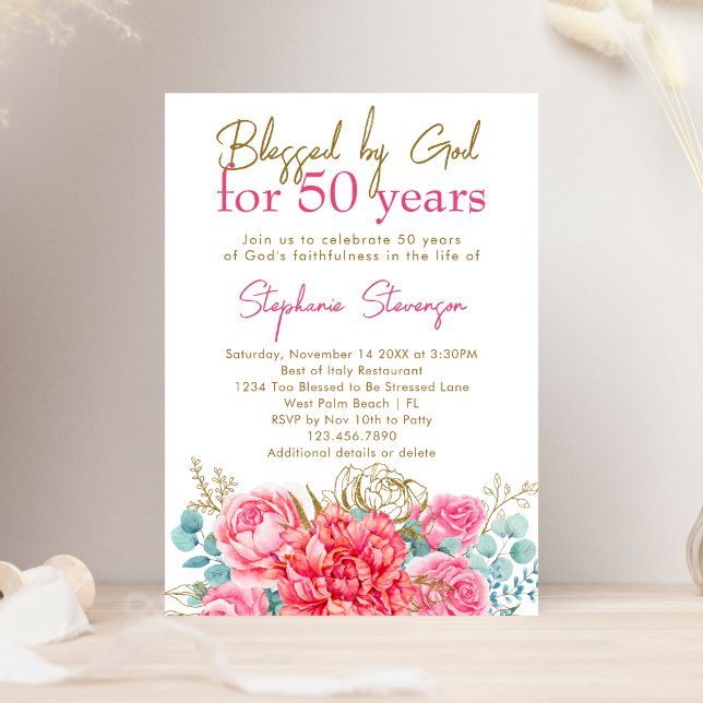 Blessed by God Pink Floral Christian 50th Birthday Invitation (Creator Uploaded)