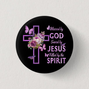 Blessed by God Saved by Jesus Purple Floral Cross  3 Cm Round Badge
