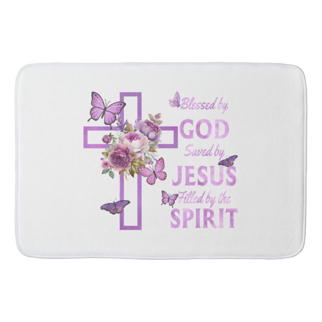 Blessed by God Saved by Jesus Purple Floral Cross  Bath Mat (Front)