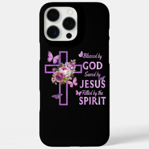 Blessed by God Saved by Jesus Purple Floral Cross  iPhone 16 Pro Max Case