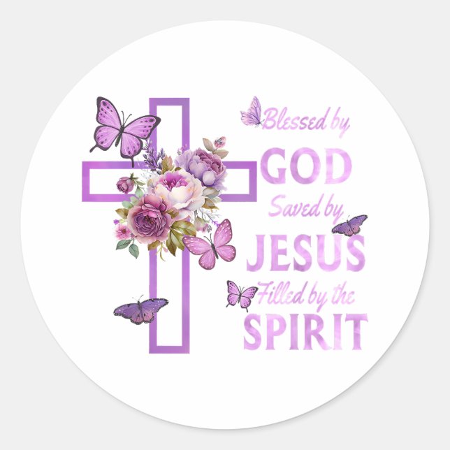 Blessed by God Saved by Jesus Purple Floral Cross  Classic Round Sticker (Front)