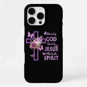 Blessed by God Saved by Jesus Purple Floral Cross iPhone 16 Pro Max Case