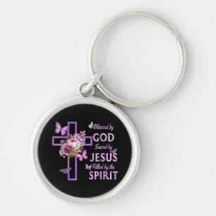 Blessed by God Saved by Jesus Purple Floral Cross  Key Ring