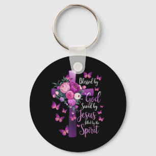 Blessed By God Saved By Jesus Purple Floral Cross  Key Ring