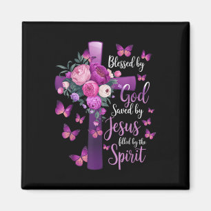 Blessed By God Saved By Jesus Purple Floral Cross Magnet