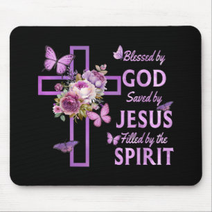 Blessed by God Saved by Jesus Purple Floral Cross Mouse Pad