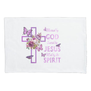 Blessed by God Saved by Jesus Purple Floral Cross  Pillowcase