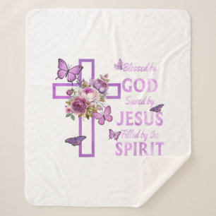 Blessed by God Saved by Jesus Purple Floral Cross  Sherpa Blanket