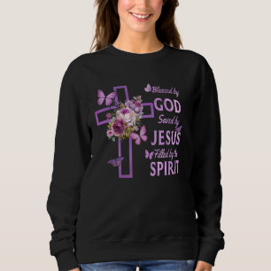 Blessed by God Saved by Jesus Purple Floral Cross Sweatshirt
