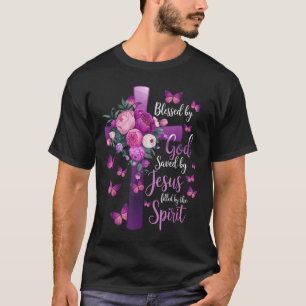 Blessed By God Saved By Jesus Purple Floral Cross T-Shirt