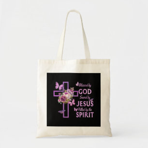 Blessed by God Saved by Jesus Purple Floral Cross Tote Bag
