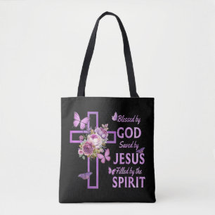 Blessed by God Saved by Jesus Purple Floral Cross Tote Bag