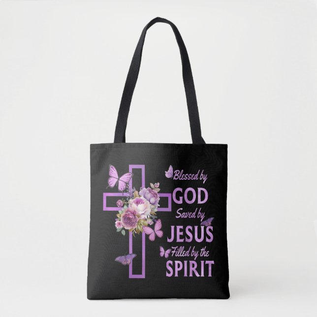 Blessed by God Saved by Jesus Purple Floral Cross  Tote Bag (Front)