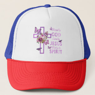 Blessed by God Saved by Jesus Purple Floral Cross  Trucker Hat